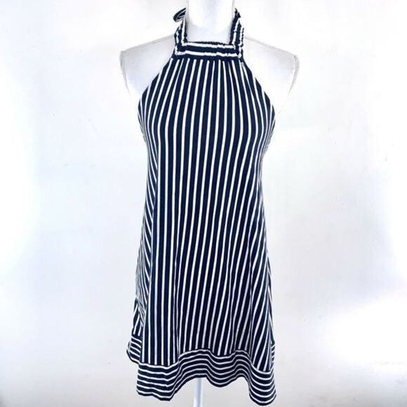 ASOS Navy Stripe Halter Mini Dress Size 0 Tie Open Back Nautical - Picture 3 of 7